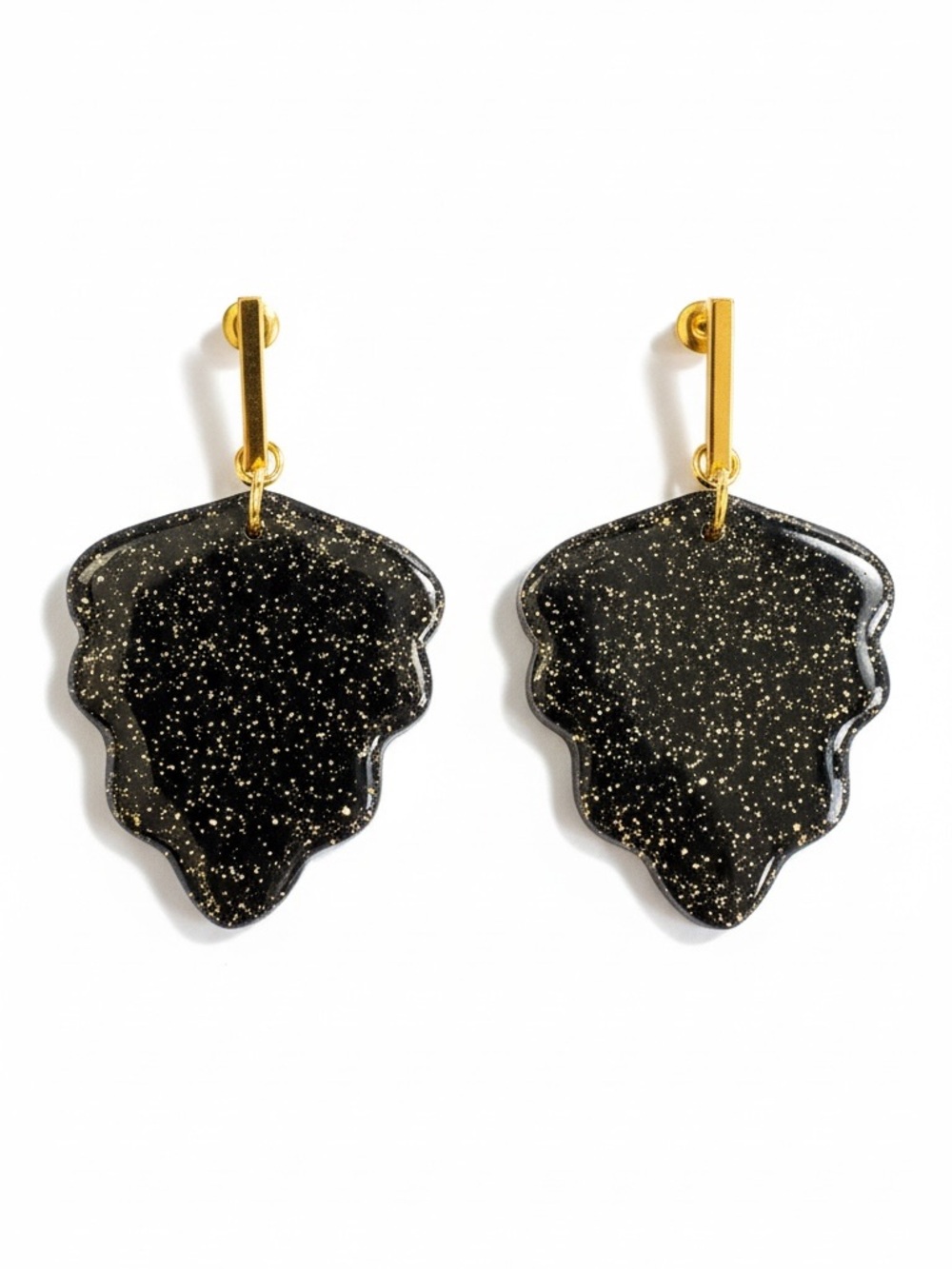 Clay Earrings Gold & Black Glitter Leaf Design Drop Women Jewelry Polymer